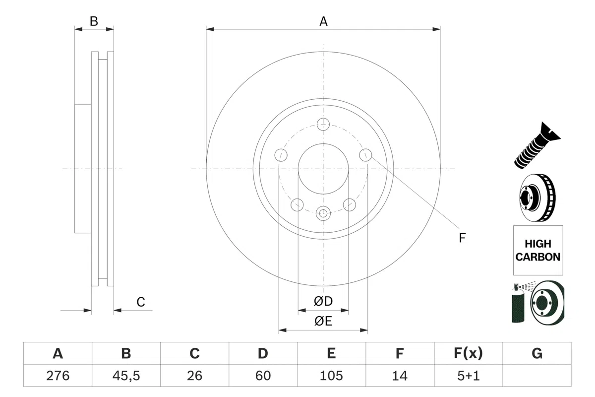 Juego de 2 Discos de Freno Bosch BD2624 - Discos Ventilados, Alto Contenido en Carbono, 276 mm – Eje Delantero – Certificado ECE-R90 – Excelente Refrigeración y Reducción de Ruido, Anticorrosión