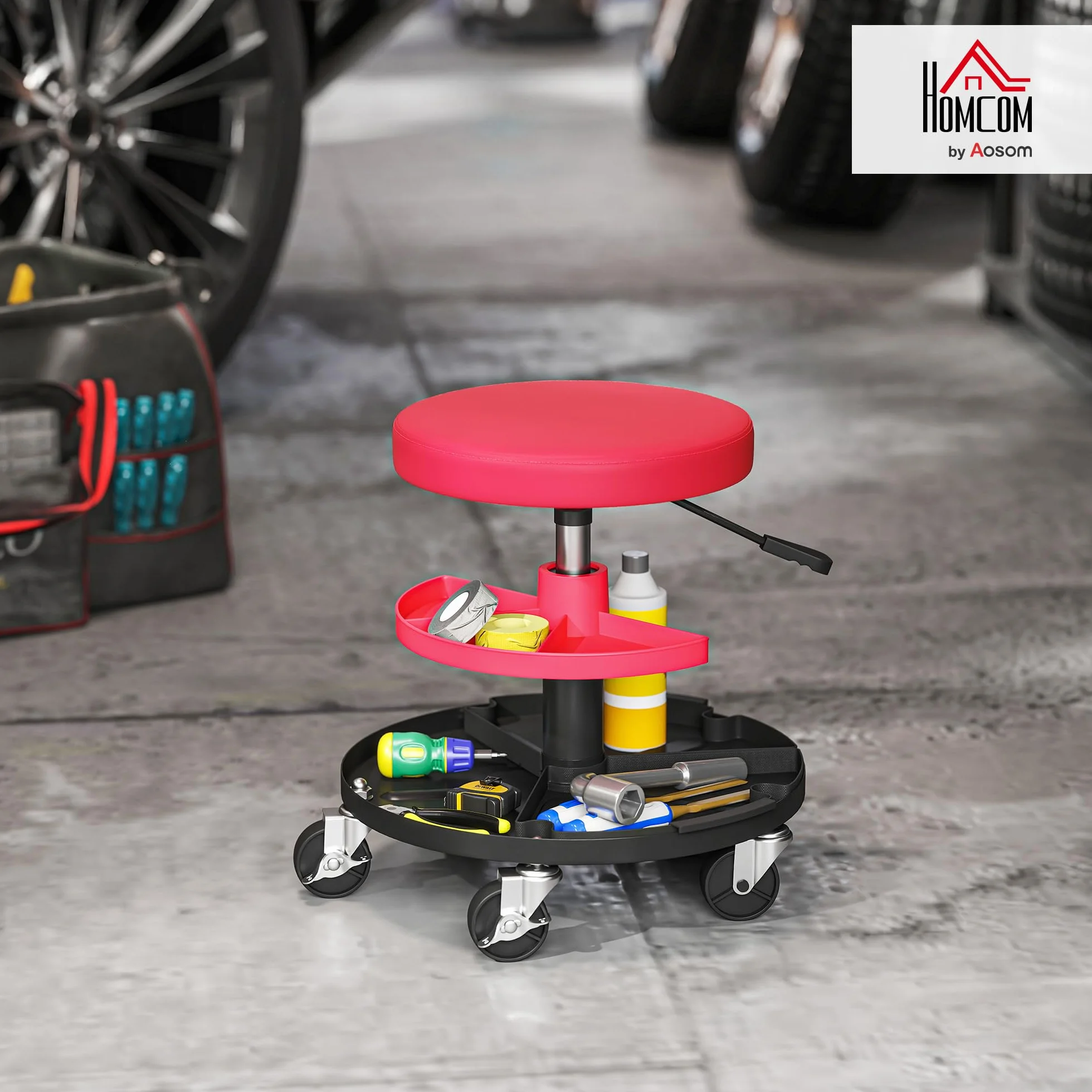 HOMCOM Taburete de Taller Giratorio con Ruedas Altura Ajustable de 40-51 cm Asiento Taburete para Mecánico con 2 Bandejas para Herramientas Carga 135 kg para Garaje Reparación de Automóviles Rojo