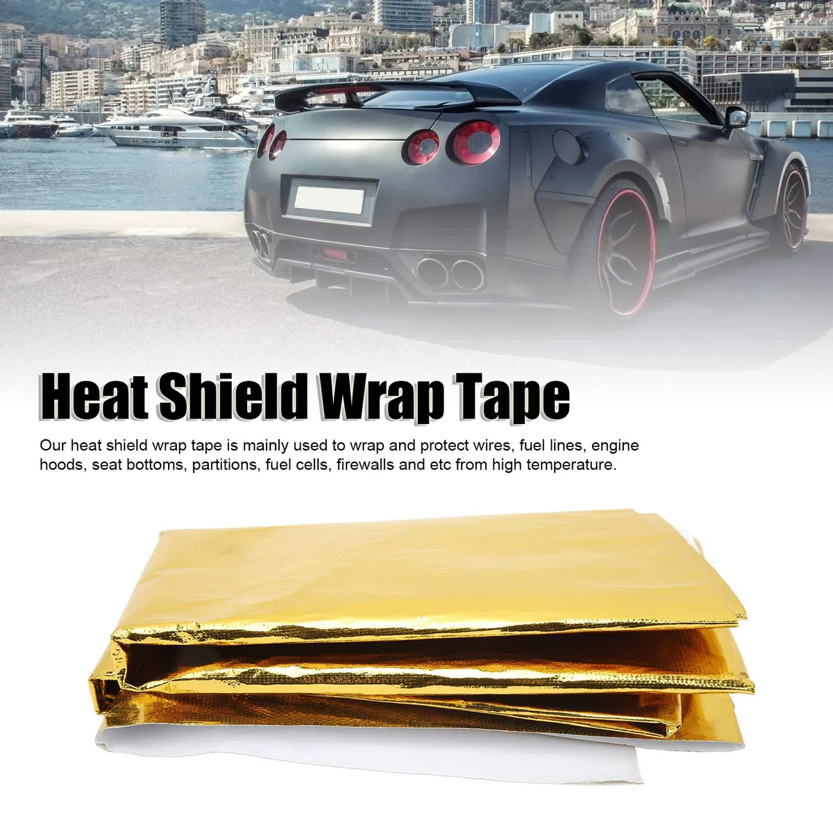 Lámina reflectante de barrera térmica, Escudo Térmico Autoadhesivo para Altas Temperaturas, rollo adhesivo reflectante del calor, para protección de mangueras de automoción, 39x47 (Oro)