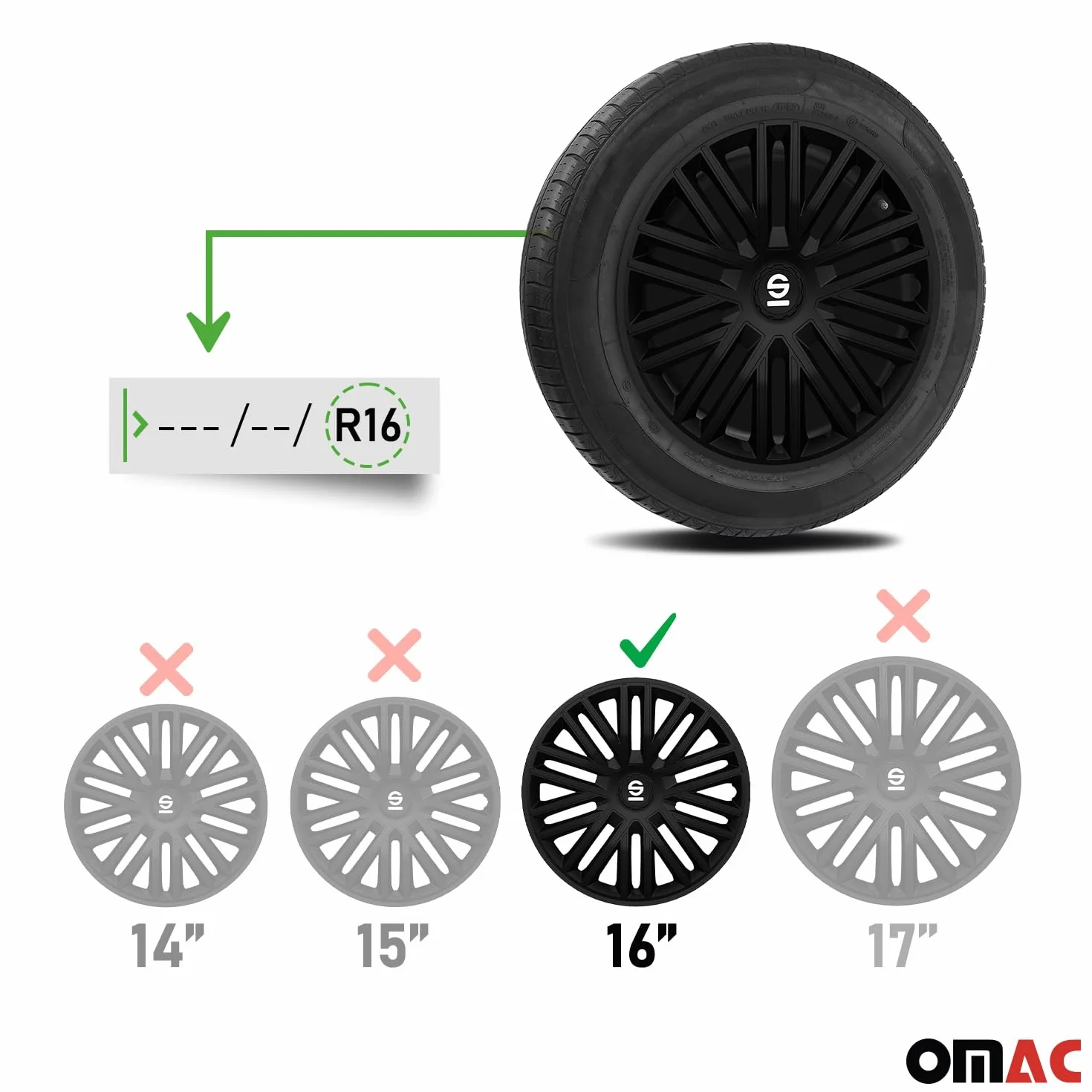 SPARCO Tapacubos 16" pulgada Kit negro Embelecedores De Rueda Juego de tapacubos SPC1685BK