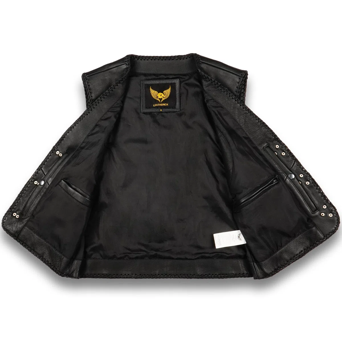Leatherick Chaleco de motociclista de cuero genuino negro Chaleco de motociclista trenzado con hebilla de anzuelo