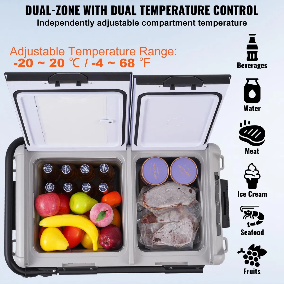 VEVOR Refrigerador Portátil para Automóvil, Doble Zona de 50 L Temperatura Ajustable de -20~20 ℃, Refrigerador con Compresor para el Hogar, Campamentos, Vehículos Recreativos, 708 x 440 x 551 mm