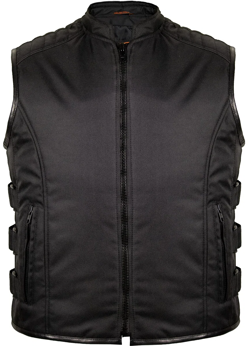 MDM Chaleco Biker de Tela – Negro, Cortaviento y Repelente al Agua, Laterales Ajustables, Hombros Acolchados, Bolsillos Interiores y Exteriores