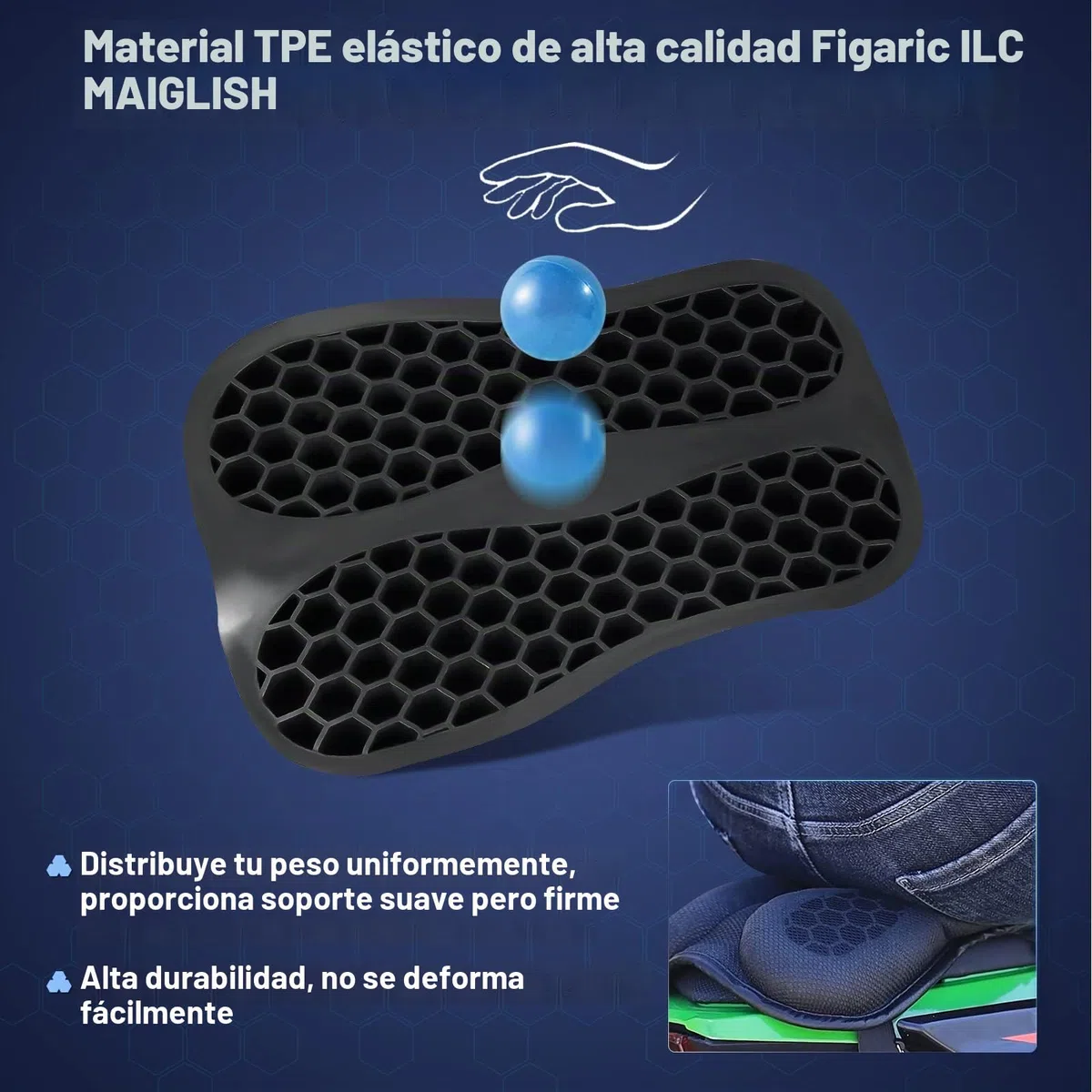 Cojín Plegable de Gel para Asiento Trasero de Pasajero de Motocicleta, Estructura de Panal 3D, absorción de Impactos y Almohadilla de Gel Transpirable para Viajes Largos, Talla S