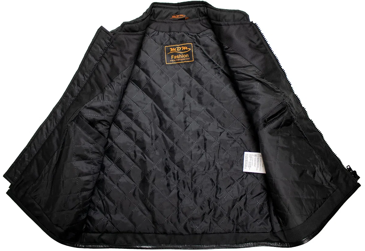MDM Chaleco Biker de Tela – Negro, Cortaviento y Repelente al Agua, Laterales Ajustables, Hombros Acolchados, Bolsillos Interiores y Exteriores