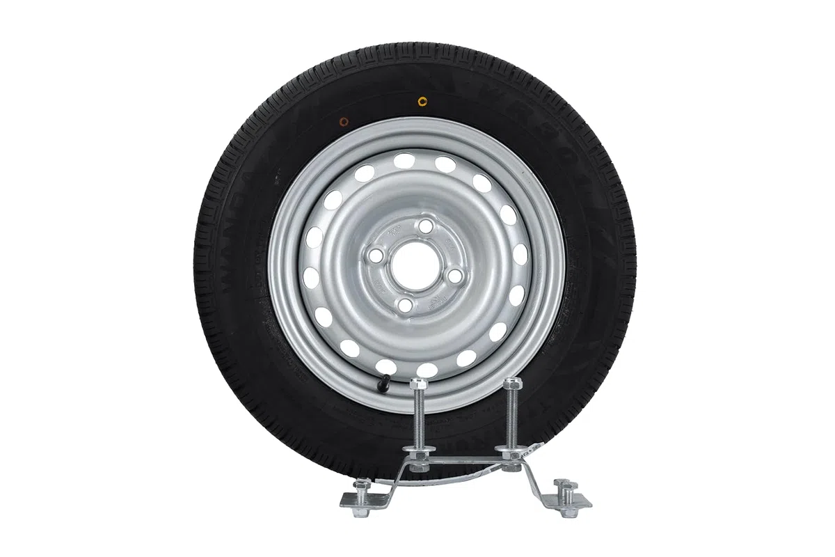 UNITRAILER Rueda de Repuesto 155/70 R13 79N con Soporte para Remolque de Coche, Llanta de Acero 4x100 ET30 y Neumático Wanda de 437 kg de Carga para Garden Trailer