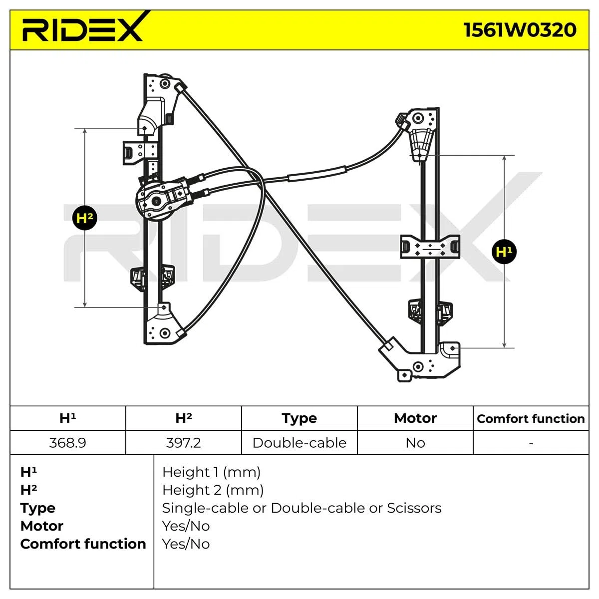 RIDEX 1561W0320 Elevalunas manual Delante, Derecha Compatible con CITROËN Berlingo/Berlingo First I MF, GJK, GFK