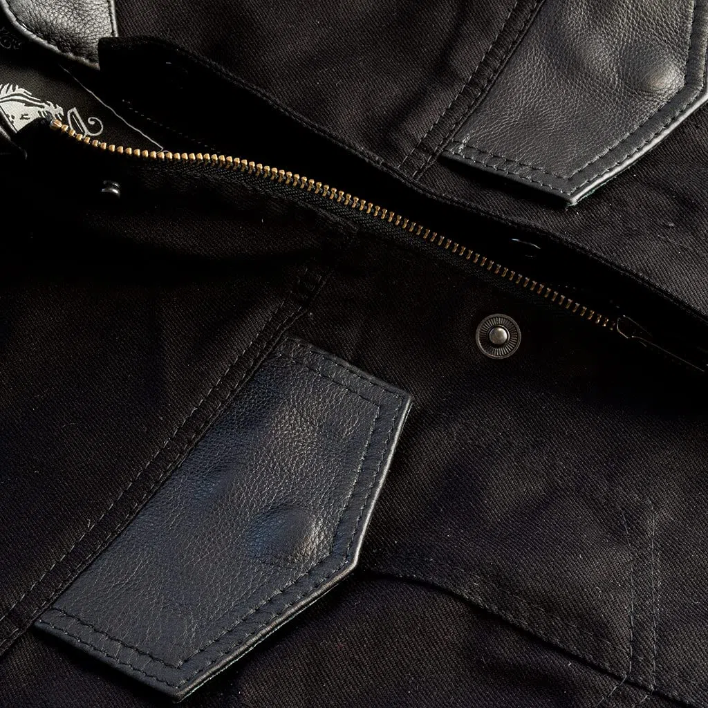 Chaleco motero vaquero negro con detalles en cuero modelo SOA de IGUANA CUSTOM COLLECTION estilo biker custom para poner parches de clubs o freebikers