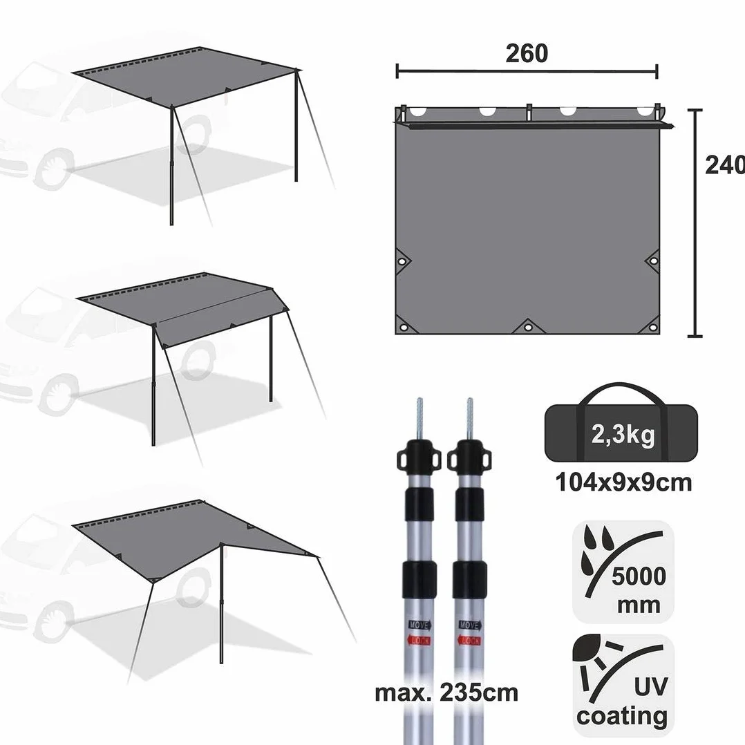 your GEAR Motorhome Tarp 260 x 240 toldo con Postes de instalación para Caravana, autobús, Furgoneta, Coche Impermeable 5000mm