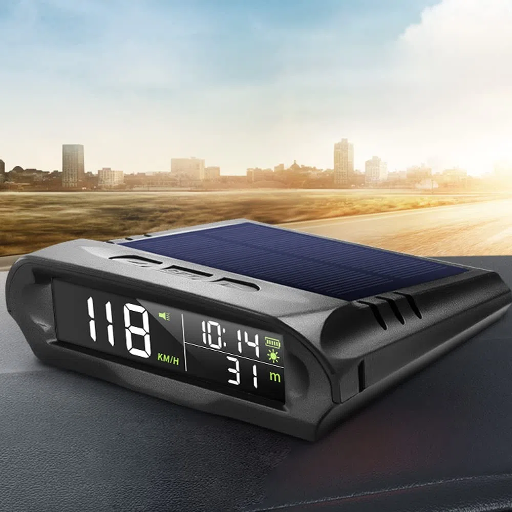 HUIOP Pantalla HUD del automóvil,Pantalla Frontal inalámbrica para Coche, velocímetro Digital GPS Solar con Pantalla LCD, Alarma de Exceso de Velocidad, KMH/mph, Tiempo/altitud/Temperatura/Pantalla