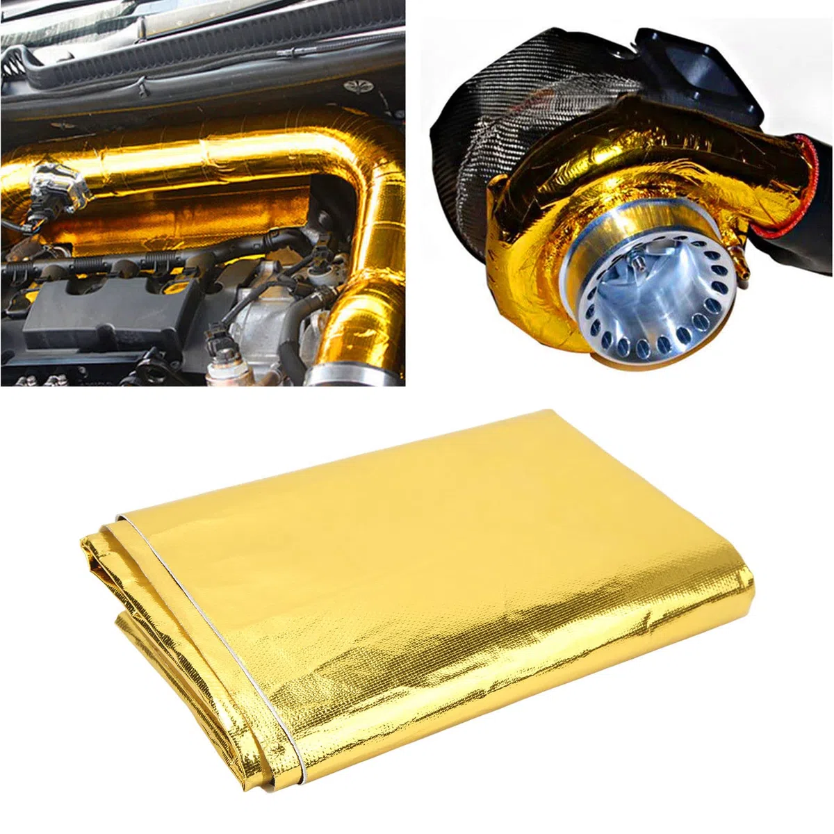 Lámina reflectante de barrera térmica, Escudo Térmico Autoadhesivo para Altas Temperaturas, rollo adhesivo reflectante del calor, para protección de mangueras de automoción, 39x47 (Oro)