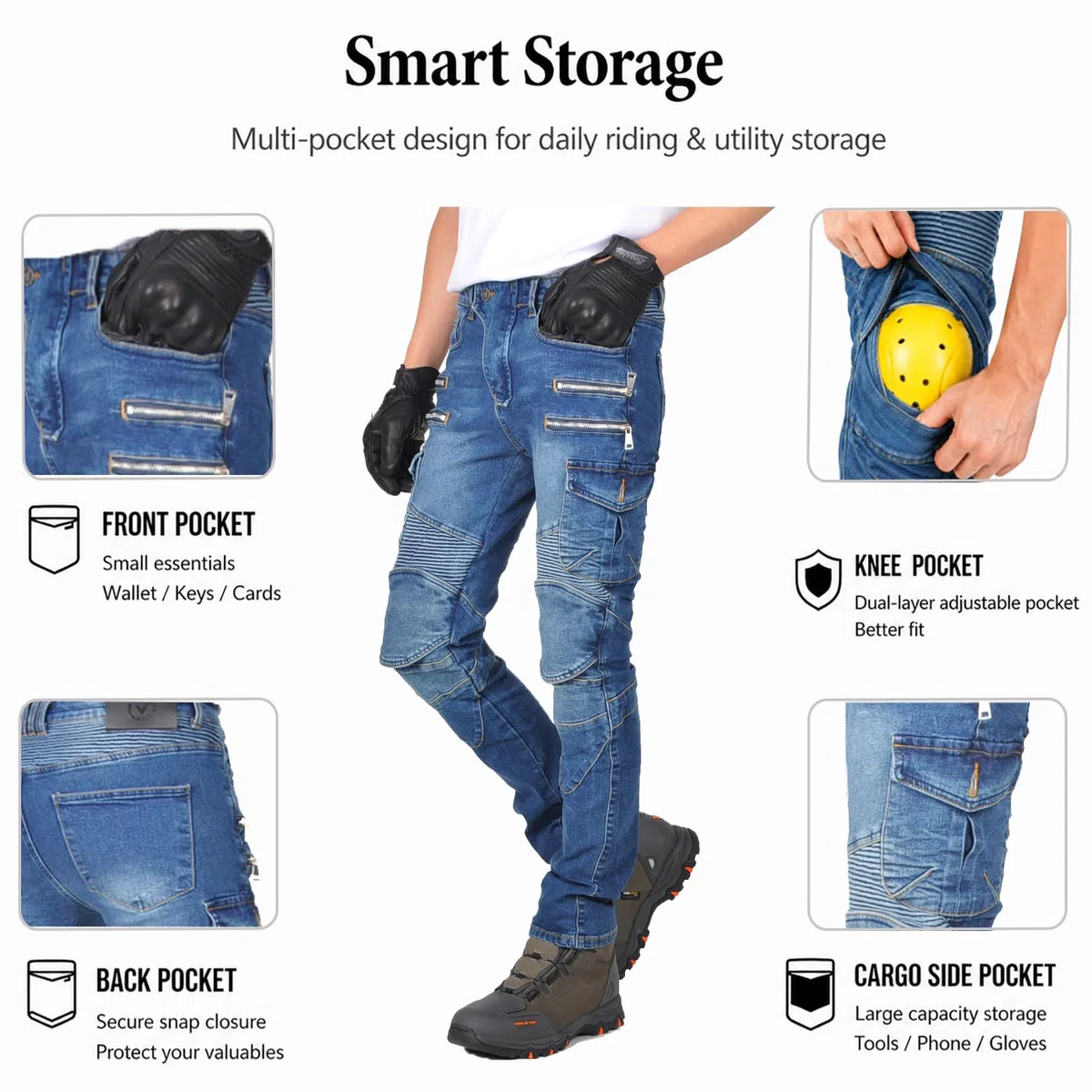 Pantalón Moto Hombre Vaquero Stretch, Pantalones Vaqueros Moto Hombre, Jeans Moto Hombre Cargo Multibolsillos,Denim Elástico Cómodo para Uso Diario y Conducción, Urbano 4 Estaciones