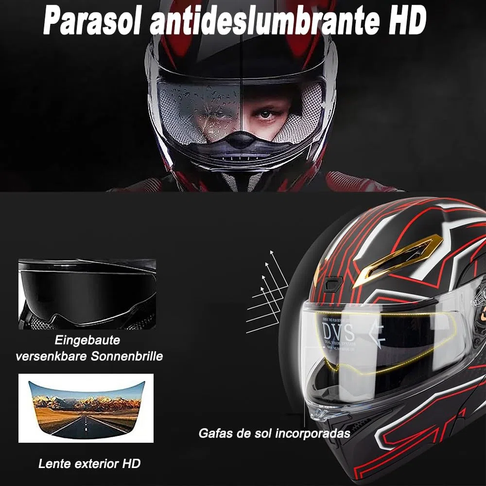 Bluetooth Cascos Modulares de Moto, Casco Abatible ECE Homologado, Casco Modular Integrado con Visera Solar Doble Antivaho y Forro Extraíble,Casco Cola Grande para Hombres Mujeres