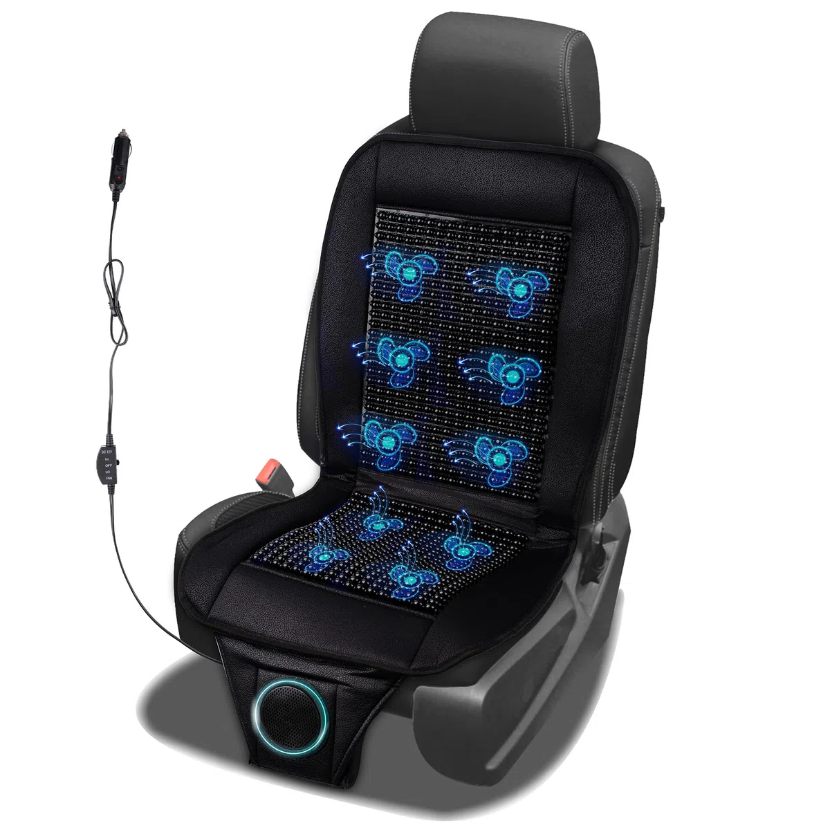 Funda de asiento de coche con cuentas de refrigeración y masaje, funda de asiento con cuentas de madera negra con almohadilla de refrigeración de asiento de coche de 12 V, temperatura ajustable