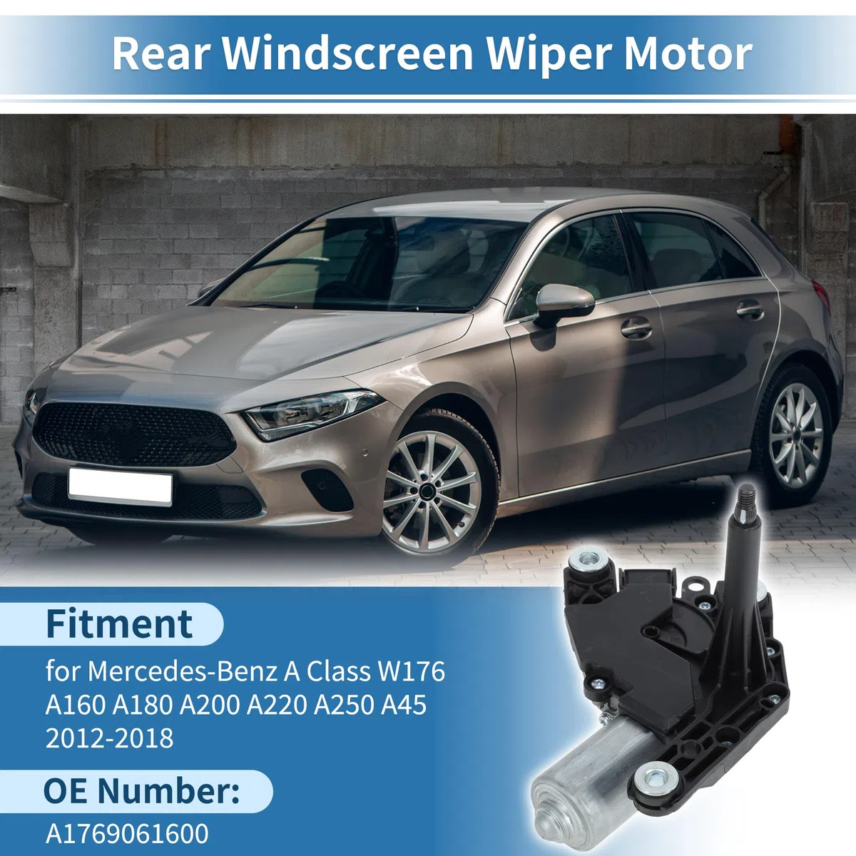 Motoforti Motor Limpiaparabrisas Trasero Para Benz Clase A 12-18 1 Pc | No. A1769061600, Tamaño: 16x10.5cm, Pin: 3, Material: Metal Y Plástico, Para Mercedes-Benz A160 A180 A200 A220 A250 A45