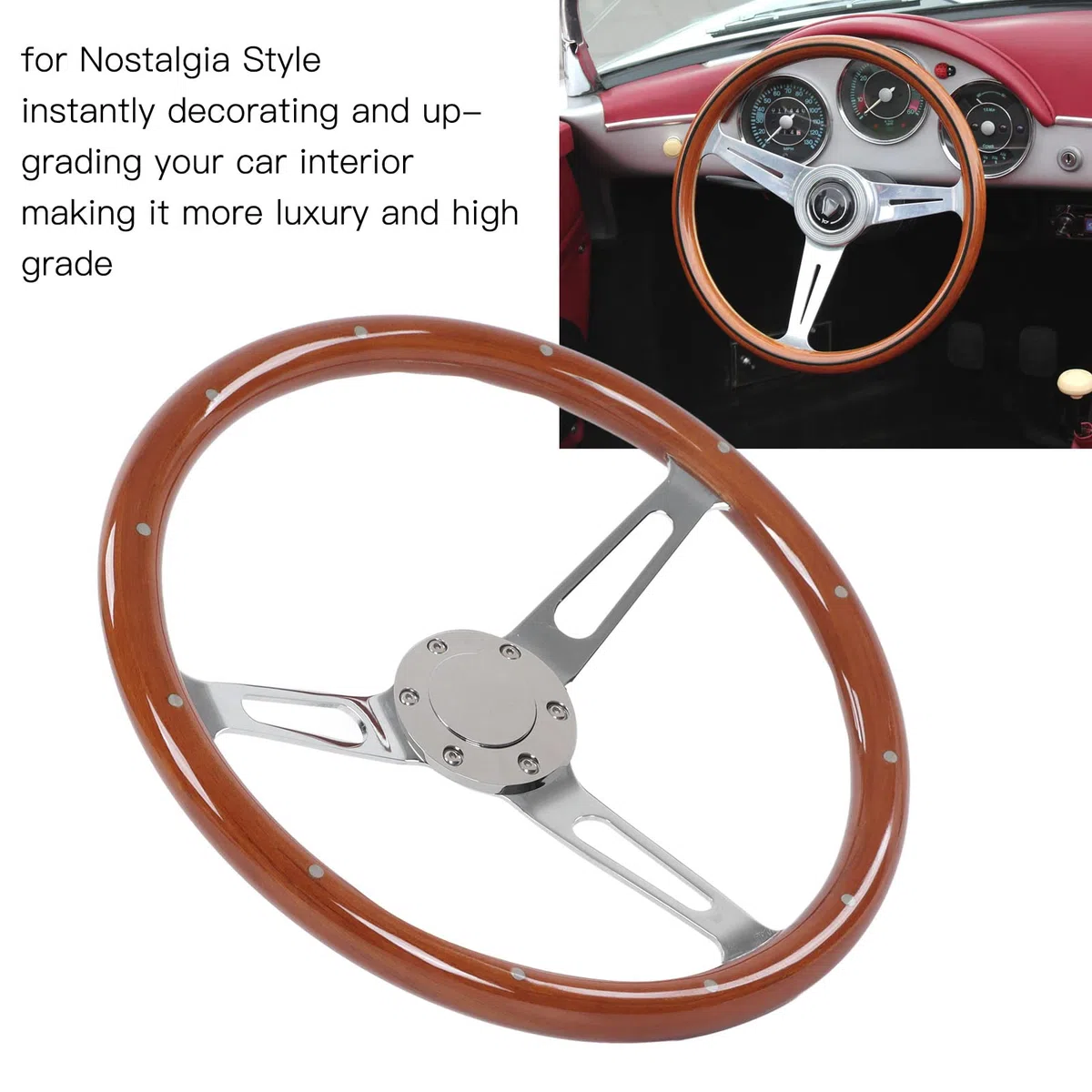 Fydun Volante Clásico Universal de 380 Mm (15 Pulgadas) - Montaje Antiguo, Madera Con Agarre de Nuez, 3 Radios Remachados, 6 Agujeros - Modificación de Coche (Marrón)