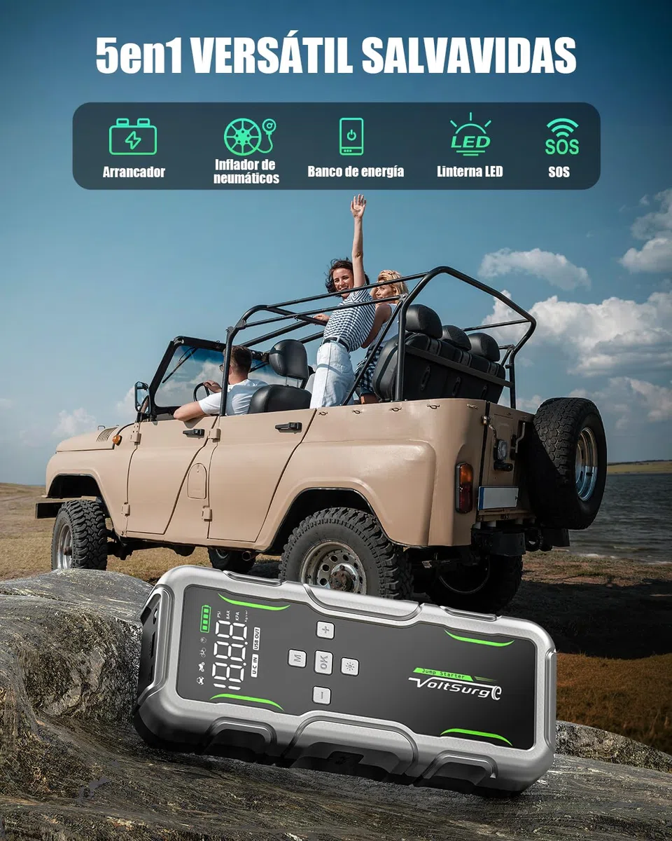 7000A Arrancador de Baterias de Coche con Compresor de Aire, Arrancador de Coches con 160PSI Inflador de Neumáticos, 12V Jump Starter (Todo Gasolina o 12L Diésel) con Pinzas de Seguridad, Lumen LED
