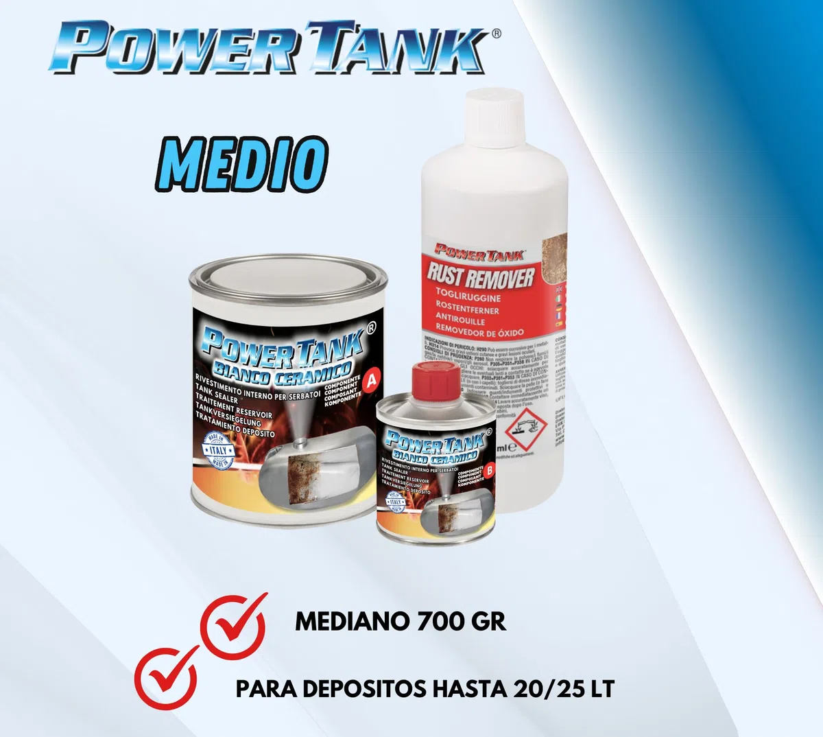 POWER TANK BLANCO CERAMICO - Tratamiento Tanque Deposito Moto (20/25 LT) Kit Mediano 700 g para Interior Tanque Elimina Óxido Repara Protege Tanques Oxidados de Autos Vespa Época con Antioxidante