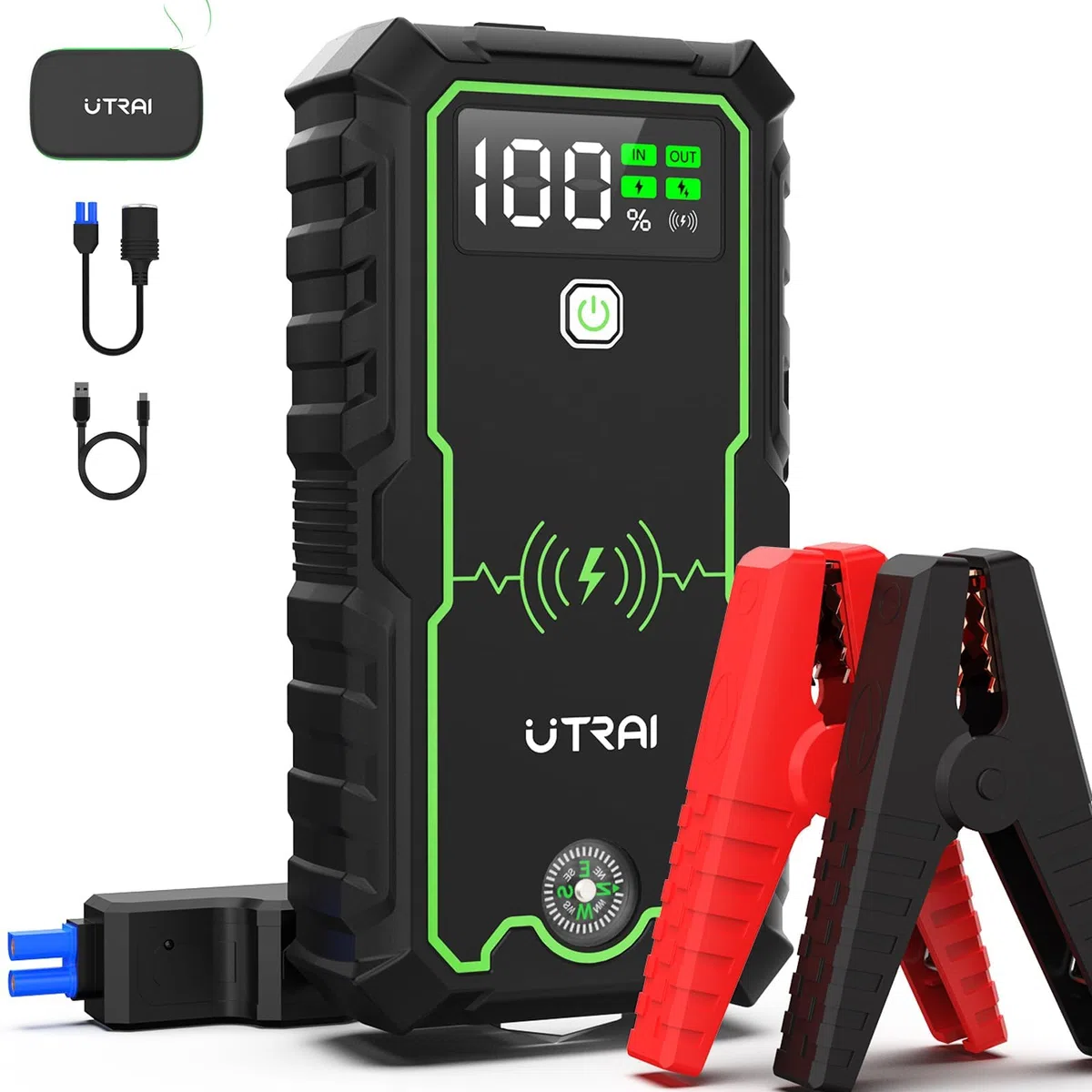 UTRAI Jump Starter Power Pack,6000A 27000mAh Car Battery Booster Jump Starter with Quick Charge 3.0 and DC Output,10W Wireless Charger,LED Flashlight,Compass,Safety Hammer (for All Gas/8.5L Diesel)