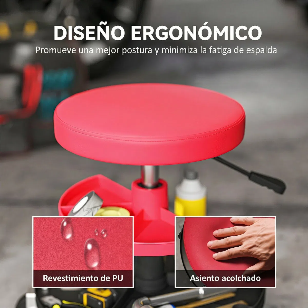 HOMCOM Taburete de Taller Giratorio con Ruedas Altura Ajustable de 40-51 cm Asiento Taburete para Mecánico con 2 Bandejas para Herramientas Carga 135 kg para Garaje Reparación de Automóviles Rojo