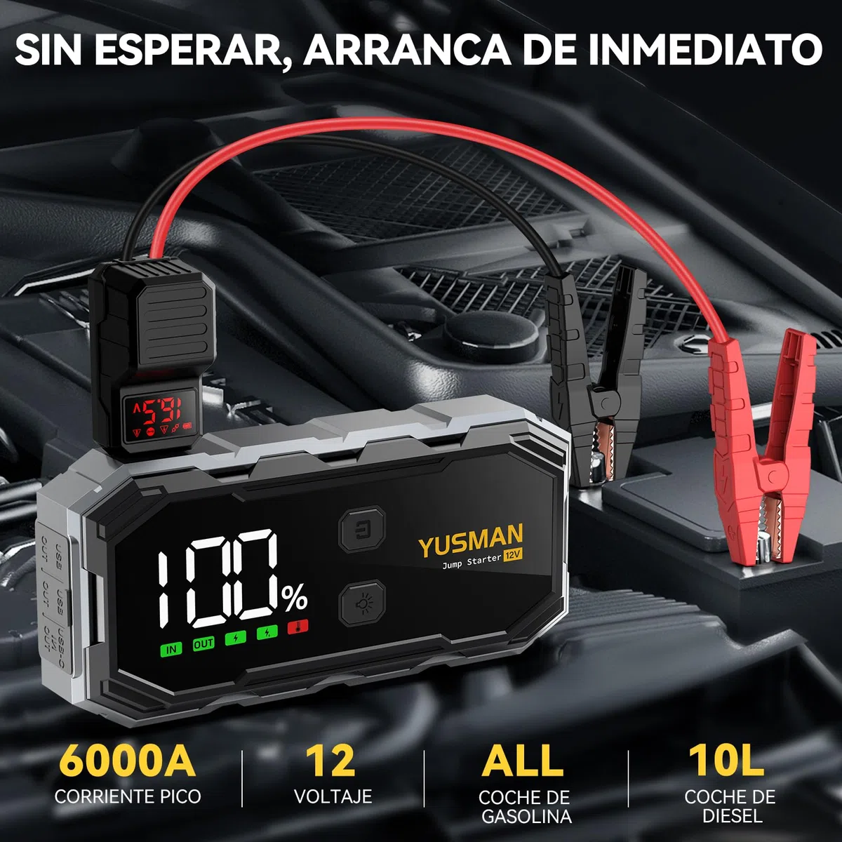 YUSMAN Arrancador de Coche,7000A Arrancador de Baterias de Coche,12V Arrancador de Portátil con para All Gasolina o 10L Diesel, Linterna LED de Emergencia,Carga Rápida, Pantalla LCD Extragrande