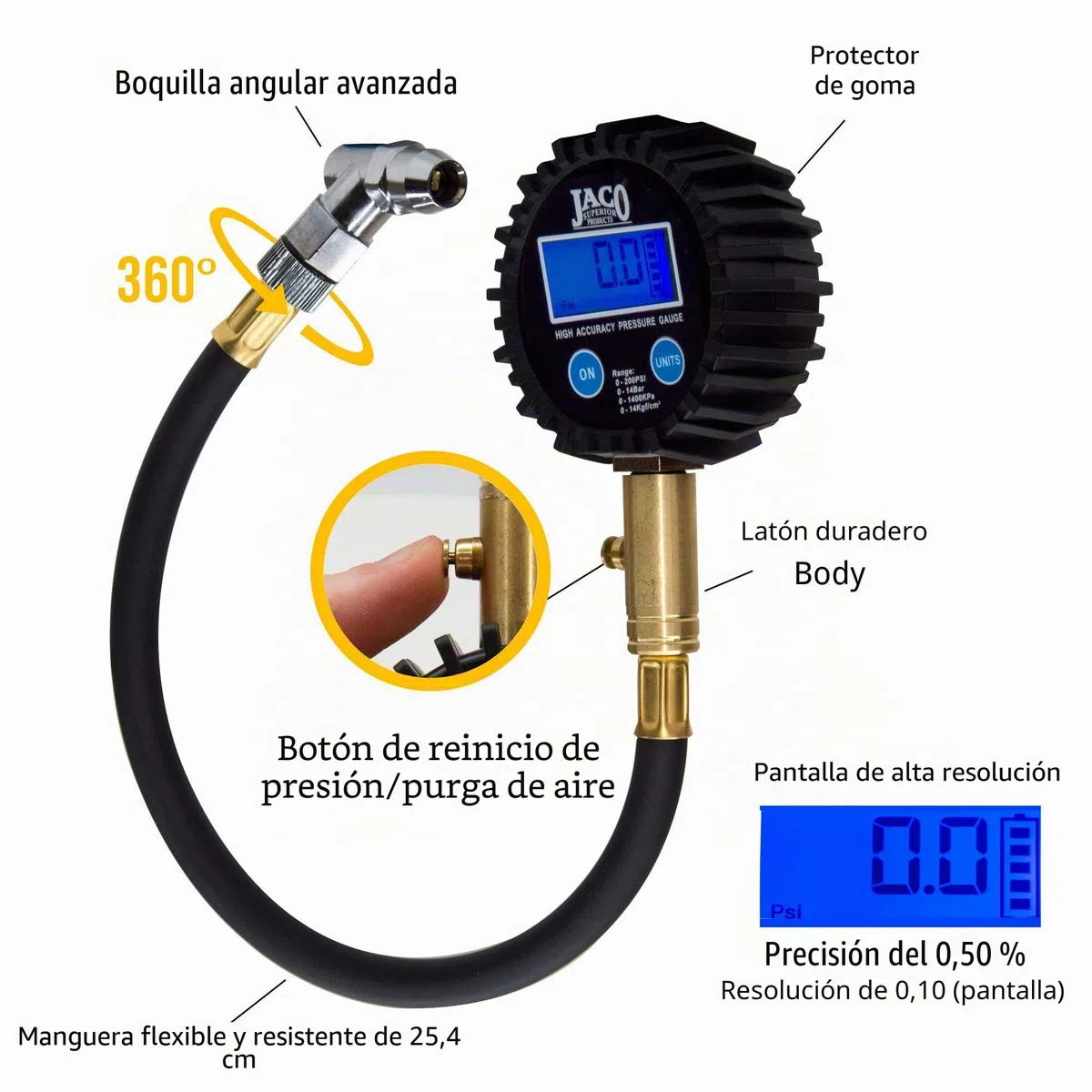 JACO ElitePro Medidor de presión digital de neumáticos - precisión profesional - 200 PSI