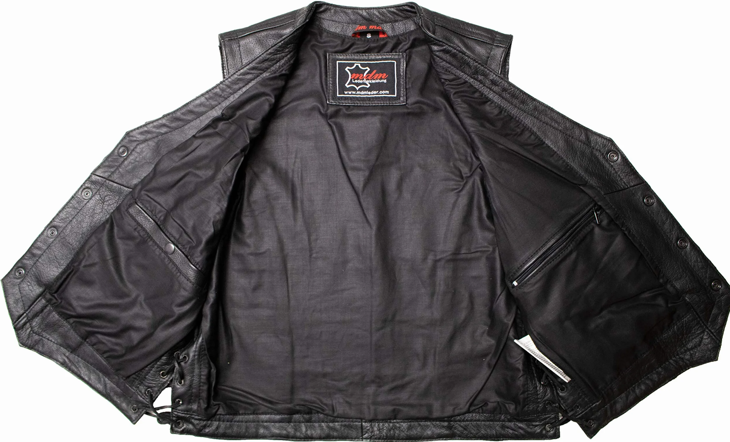 MDM Chaleco cuero moto hombre negro – estilo motero custom con botones de presión y cordones laterales