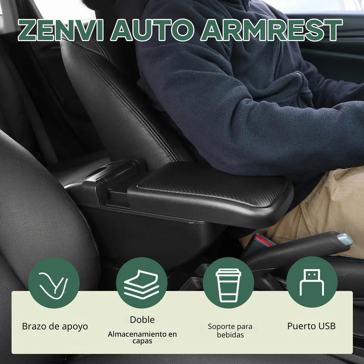 ZENVI Reposabrazos Compatible with Peugeot 208 Apoyabrazos 2019-2026 Centro Consola Organizador Caja Doble Espacio Almacenamiento Utilizable Para Soporte Codo（Estilo Fibra Carbono）