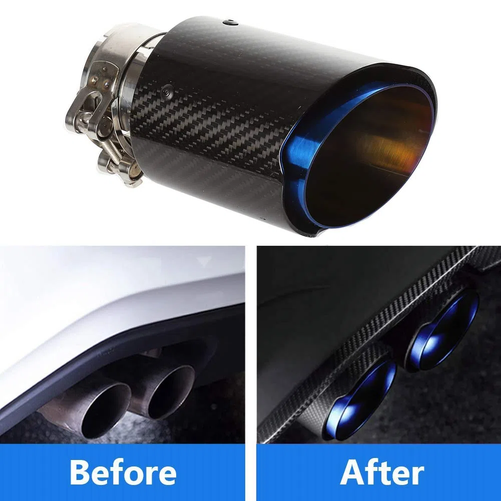 Puntas de Escape Silenciador Acero Inoxidable Fibra de Carbono Brillante Tubo de Escape de Coche, Entrada 54 mm (2,1 ") Salida 89 mm (3,5") (Solo tubo-Azul Brillante Tostado Negro)