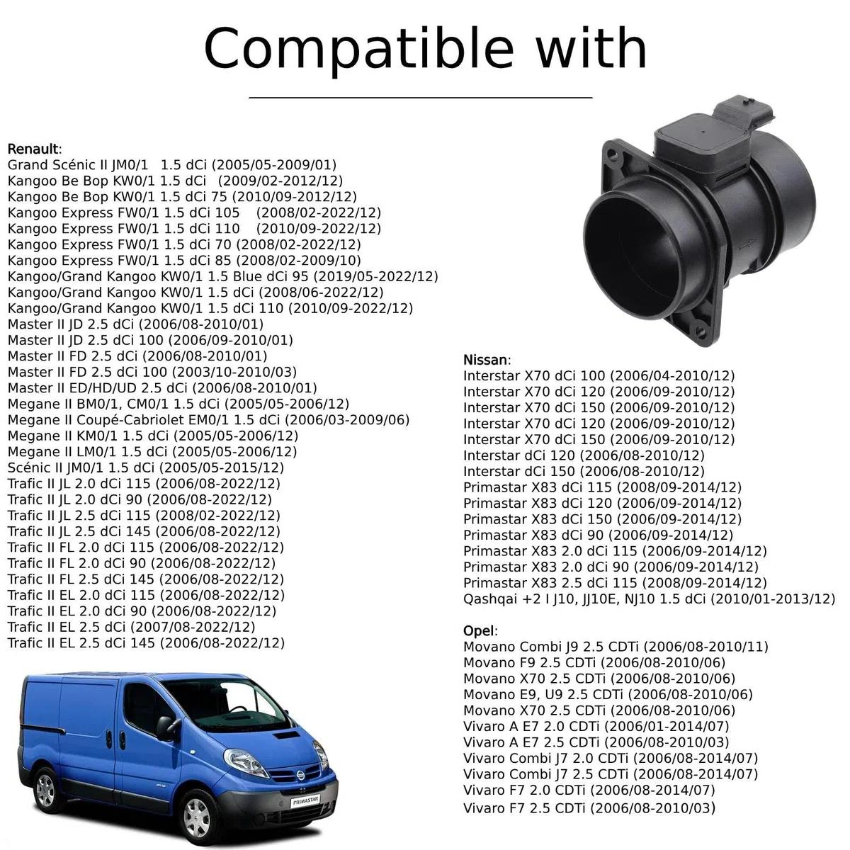 Twowinds - Caudalímetro 5WK97008 Compatible con Renault Kangoo, Master 2, Mégane 2, Scenic 2, Trafic 2; Opel Vivaro, Movano; Nissan Interstar, Primastar X83, Qashqai - Medidor Masa Aire