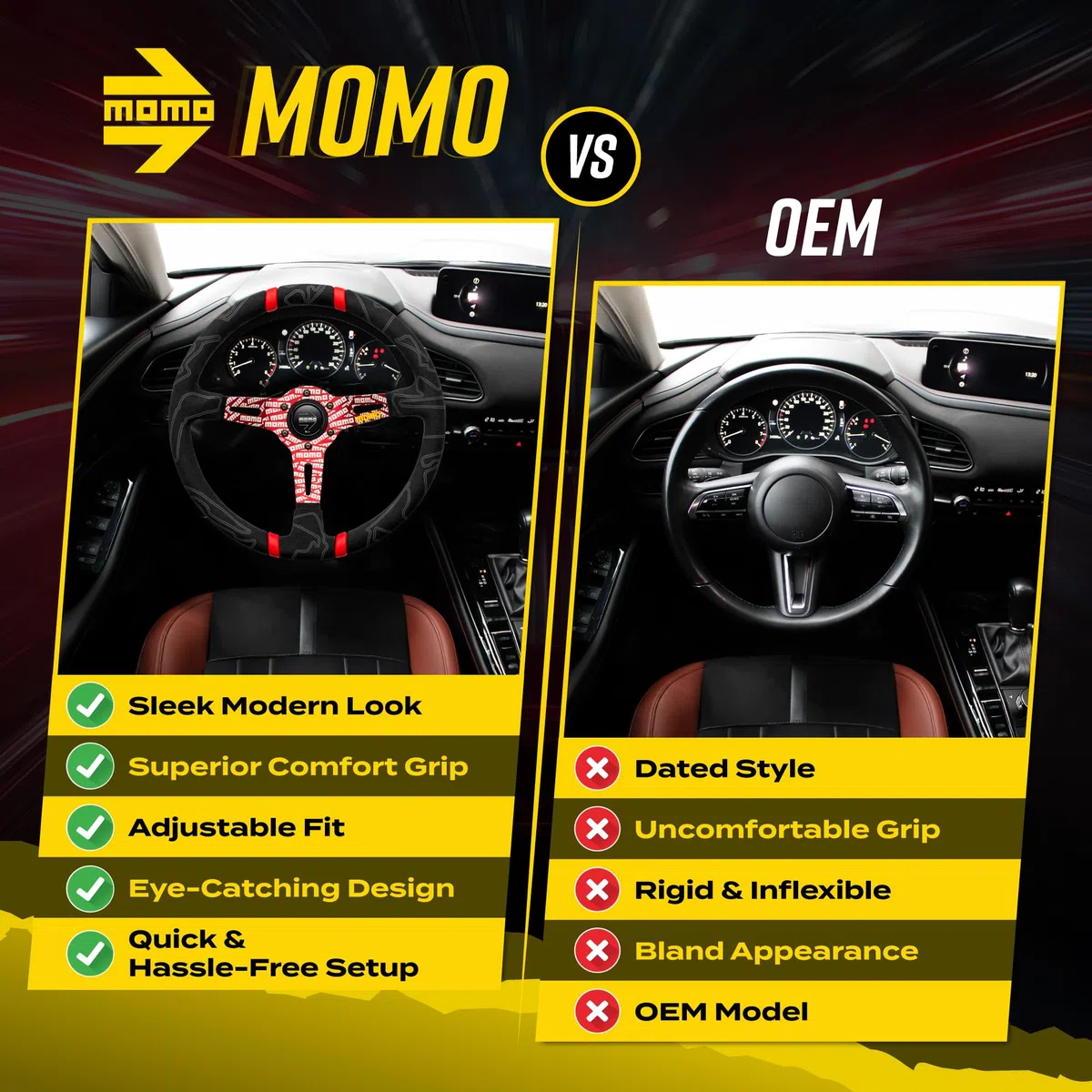 MOMO Street Volante – Ultra – Premium Race Track agarre de microfibra con rayas centrales dobles rojas y radios grabados MOMO – Parte # ULT35BK0RD