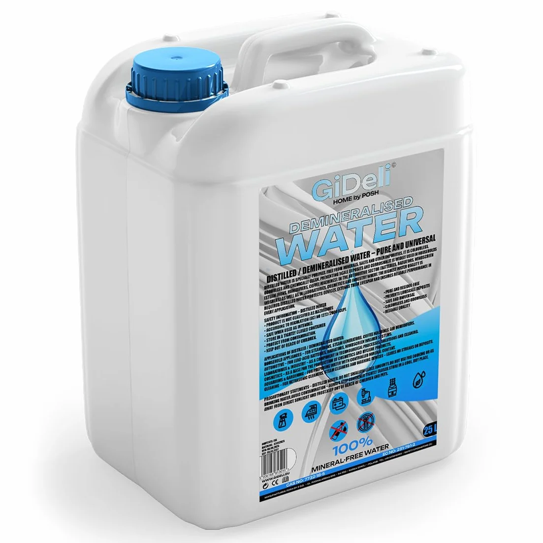 GiDeli Agua desmineralizada, 25 l, agua destilada para planchas, baterías, radiadores, humidificadores, acuarios y laboratorios, agua sin cal, inodoro, transparente