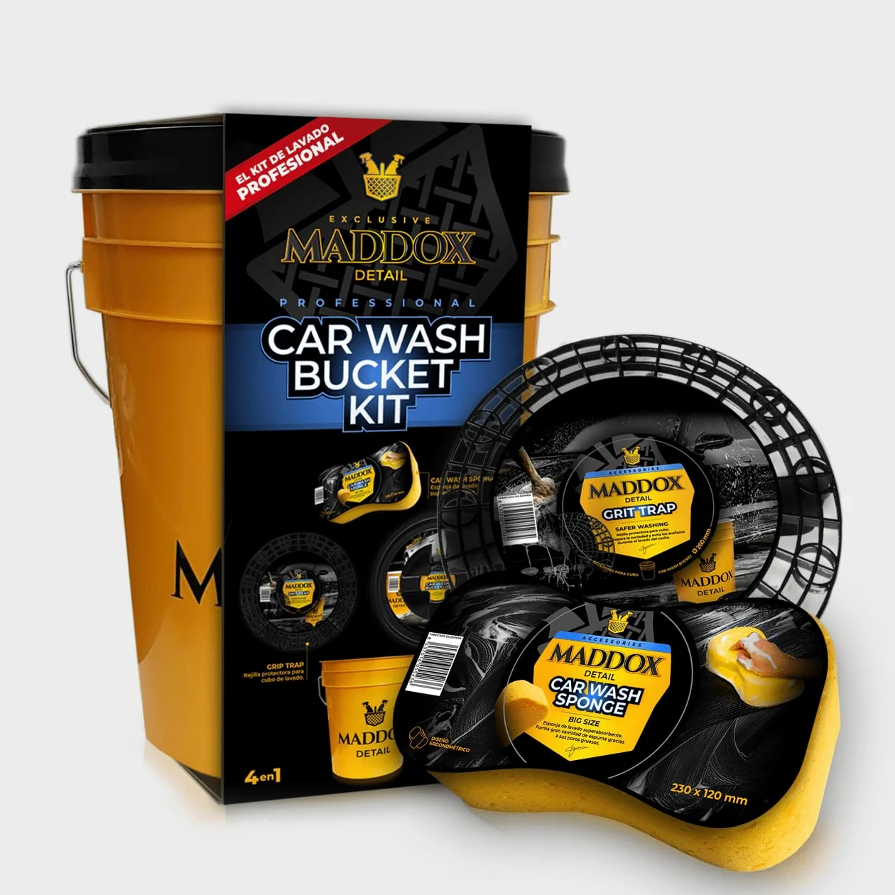 Maddox Detail - Kit Lavado Coche Car Wash Bucket Kit | Incluye cubo, tapa, rejilla y esponja para realizar un lavado completo con mayor seguridad para la pintura. Anti-arañazos