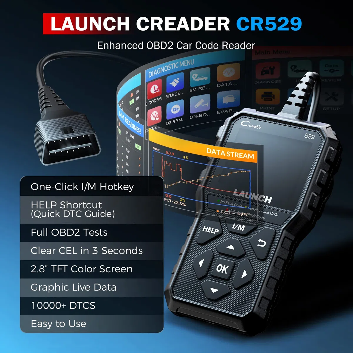 Launch CR529 Interfaz de Diagnosis Code Reader OBD2 Lector y Apagado Luz de Error Motor Datos en Tiempo Real Prueba de Emisiones Sensor O2 y Prueba EVAP