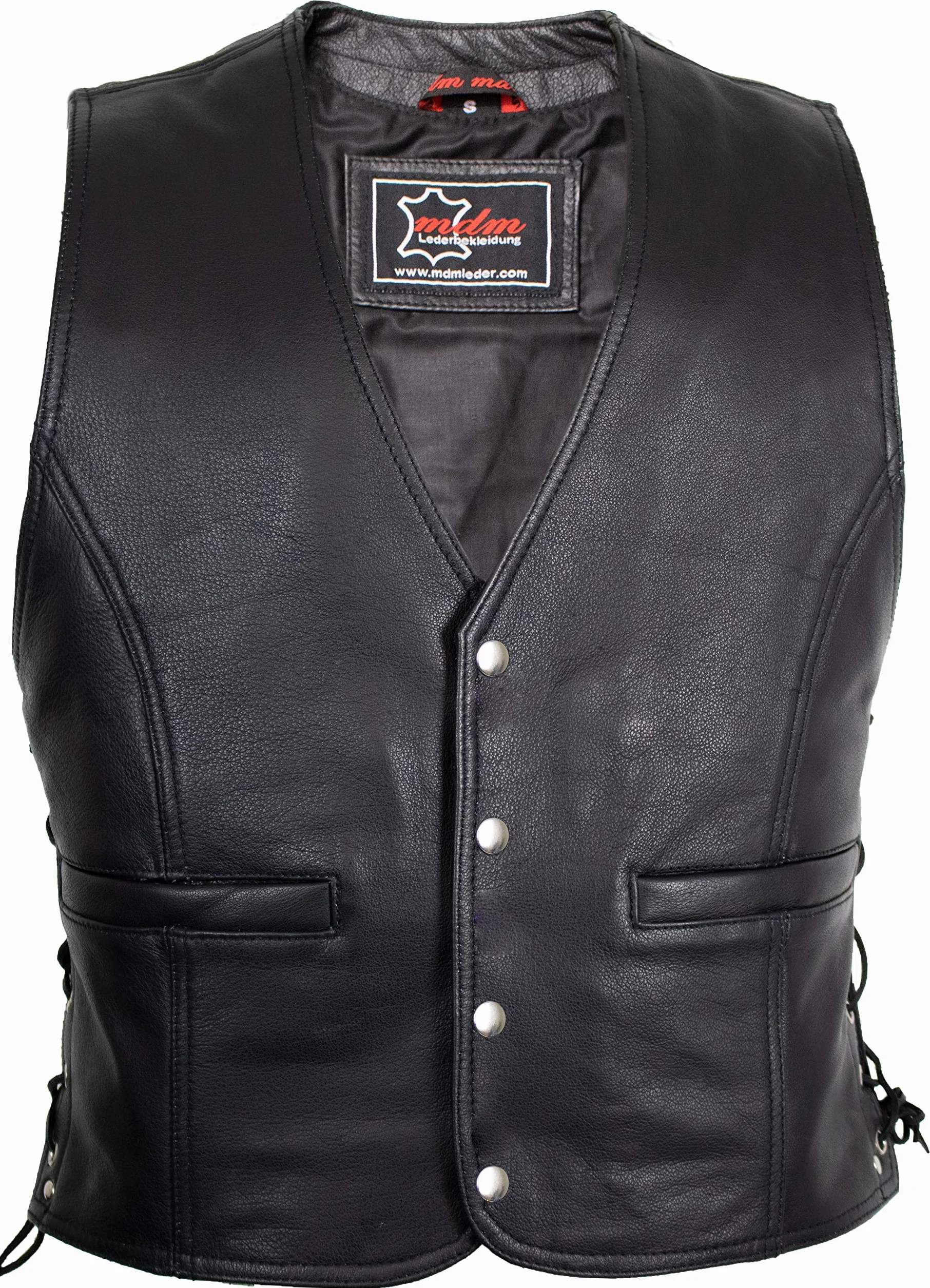MDM Chaleco cuero moto hombre negro – estilo motero custom con botones de presión y cordones laterales