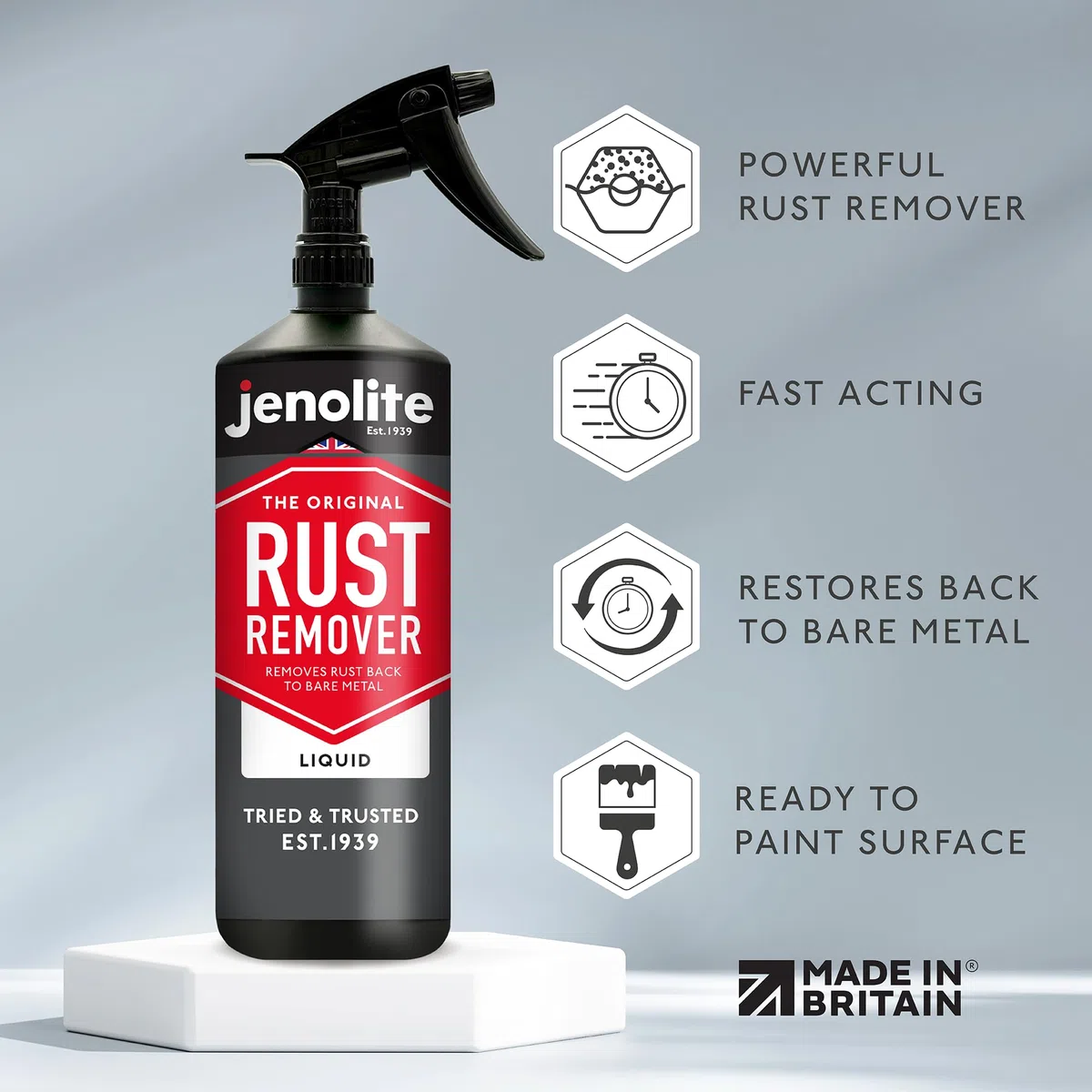 JENOLITE Rociador de gatillo para eliminar óxido Fácil Aplicación | Tratamiento de óxido de acción rápida | elimina el óxido de nuevo al metal desnudo | 1 kg