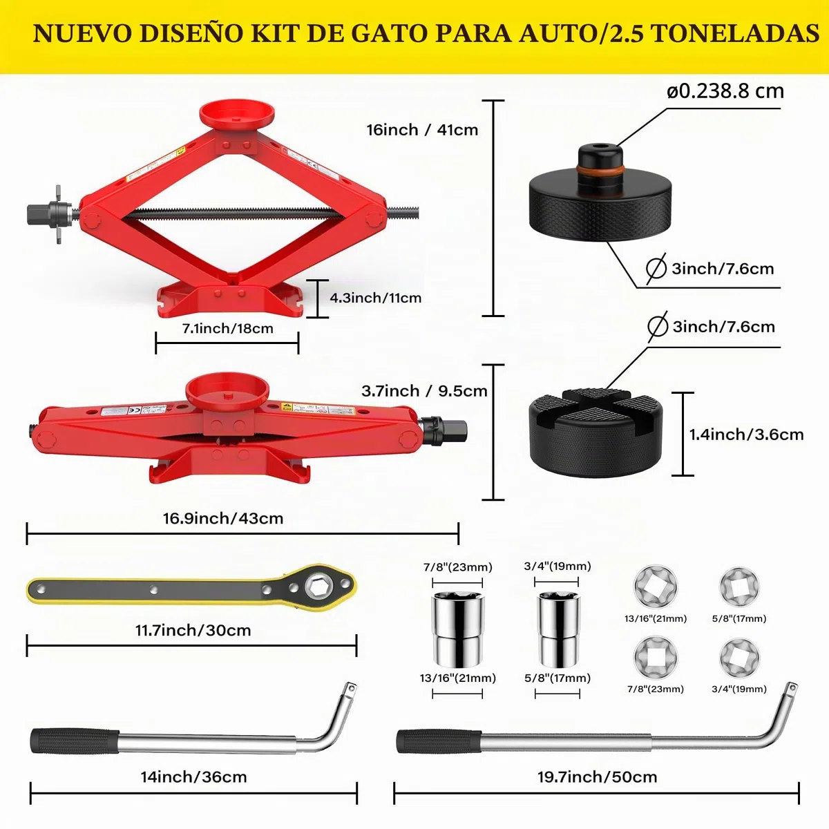 IMAYCC Nuevo Gato para Coche 2.5T/2500kg, Kit de Gato Coche Universal con 2 Piezas Bloque de Goma, Portátil Kit de Emergencia con Llave de Tuercas de Rueda para SUV MPV Tesla