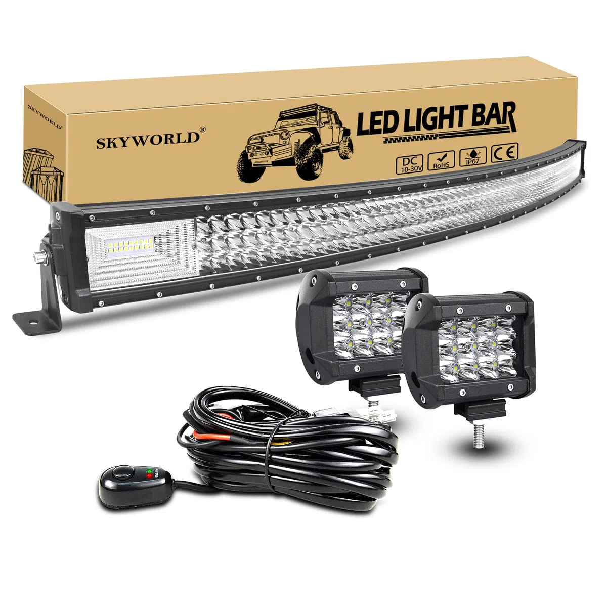 SKYWORLD Curvo Barra LED 52 Pulgadas 675W Barras de Luz de Trabajo triple riga 12V 24V, 2 x 4" 36W Focos LED Tractor faros Trabajo con kit de arnés de cableado Coche camion 4x4 SUV ATV UTV vehículos