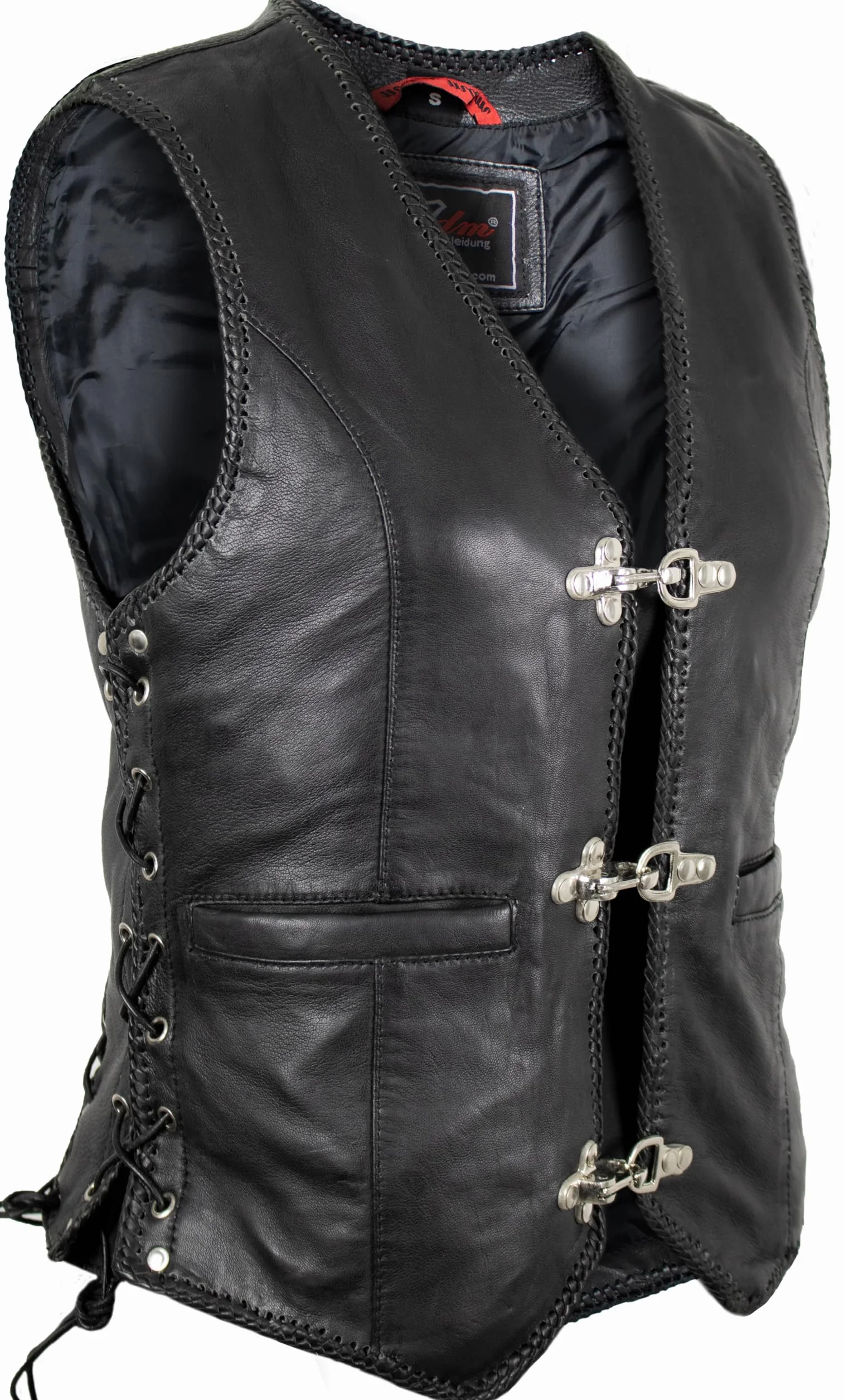 MDM Chaleco de cuero de cordero para mujer – Negro, Slim Fit, sin mangas, estilo biker