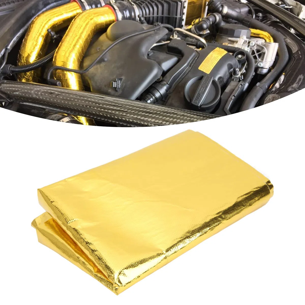 Lámina reflectante de barrera térmica, Escudo Térmico Autoadhesivo para Altas Temperaturas, rollo adhesivo reflectante del calor, para protección de mangueras de automoción, 39x47 (Oro)