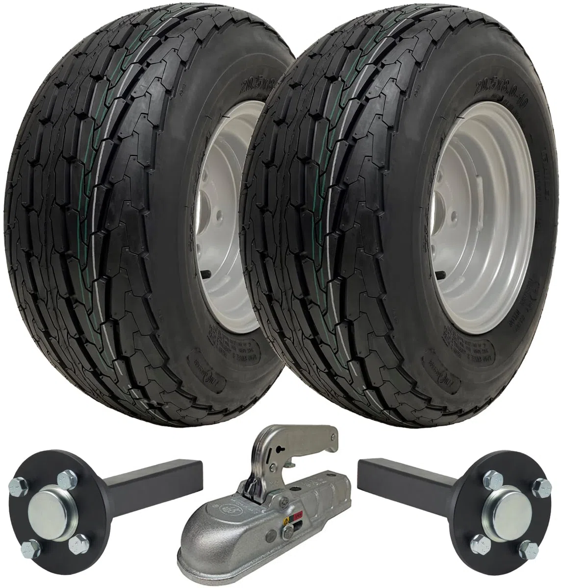 Parnells - Kit de Remolque de Alta Velocidad - 2 Neumáticos de Remolque 20,5x8,00-10 y Llanta de Rueda 6,00x10 4/100 + 2 Cubos y Manguetas + 1 Enganche de Acero Prensado - 750 kg, E-Marked Road Legal