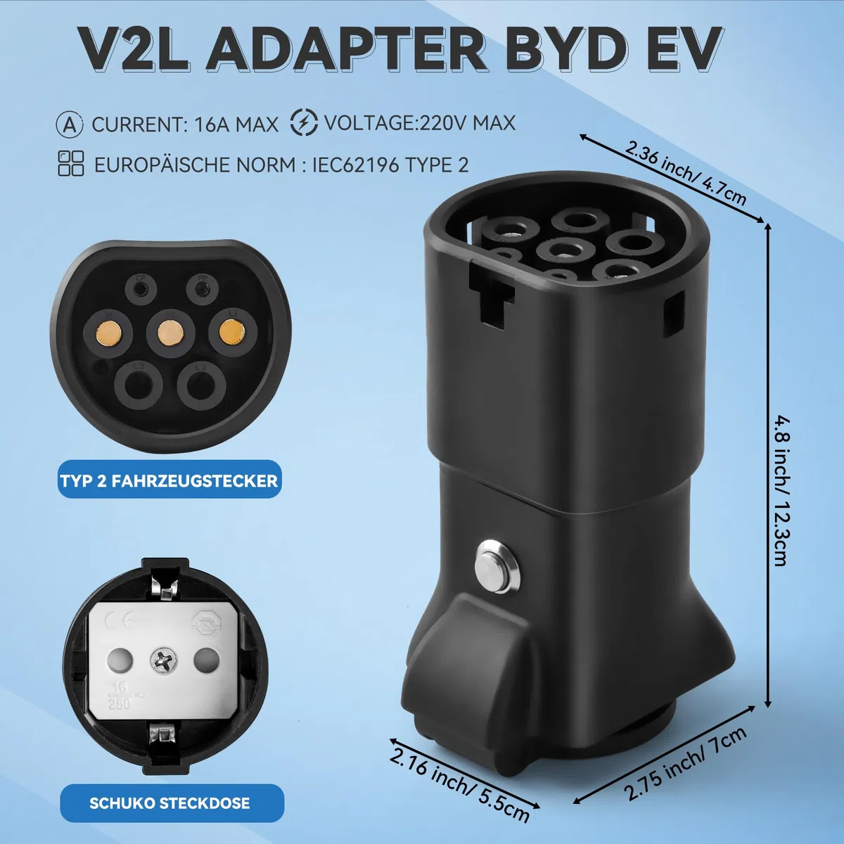 JULIK Adaptador V2L para BYD Atto 3, BYD Seal y Dolphin – 3.5kW 16A 230V Descarga Externa EV/PHEV a Enchufe Schuko – para BYD Seal U DM-i, Han, Tang – Emergencias y Camping