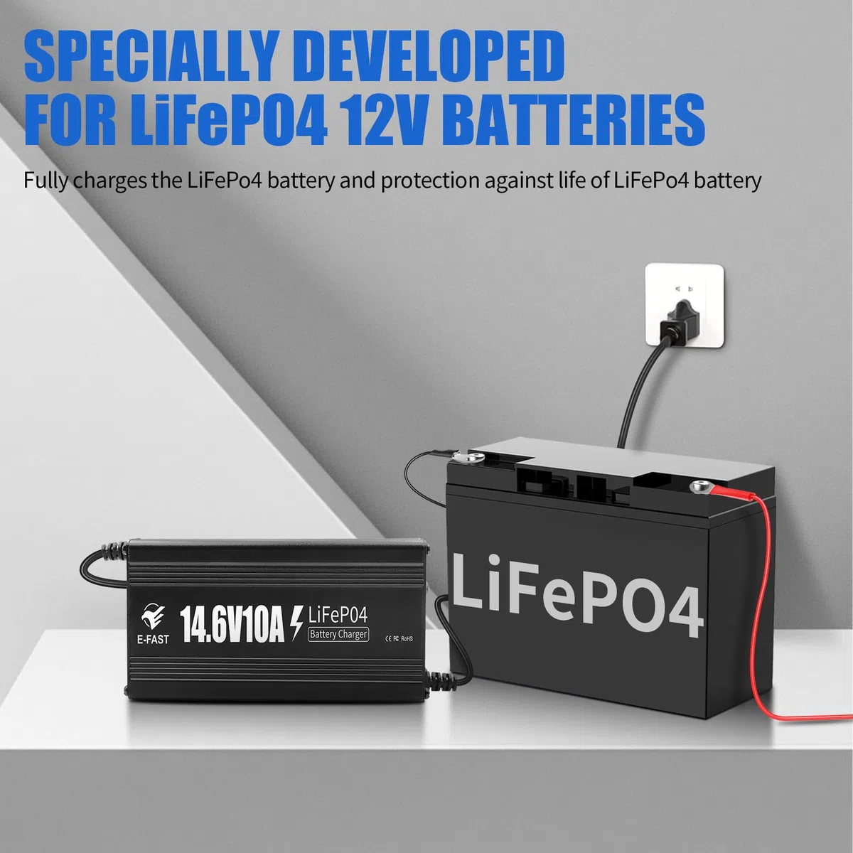 Cargador de batería de 12 V y 10 A, Cargador de batería LiFePO4 de 14,6 V, Especial para baterías Recargables de Ciclo Profundo de Litio