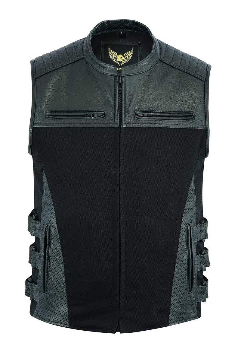 Leatherick Hombre Warrior Tactical Style Denim y Top Grain Buffalo Leather Chaleco de motorista con bolsillos profundos y perforados en los bolsillos