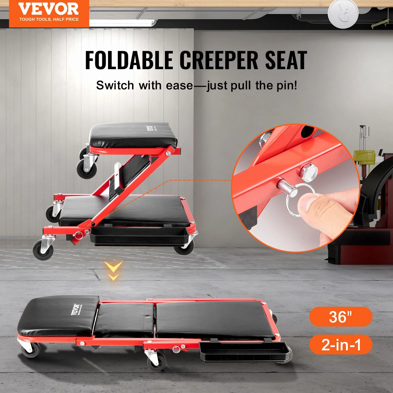 VEVOR Taburete Plegable para Garaje en Forma de Z, Capacidad de 136,1 kg, Bandeja para Herramientas 6 Ruedas, Asiento Acolchado, para Tumbarse o Sentarse para Garaje, Taller o Casa, 910 x 425 x 140 mm