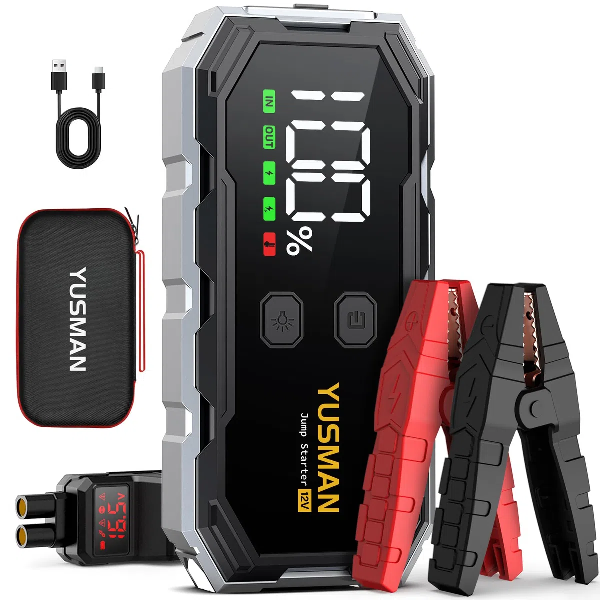 YUSMAN Arrancador de Coche,7000A Arrancador de Baterias de Coche,12V Arrancador de Portátil con para All Gasolina o 10L Diesel, Linterna LED de Emergencia,Carga Rápida, Pantalla LCD Extragrande