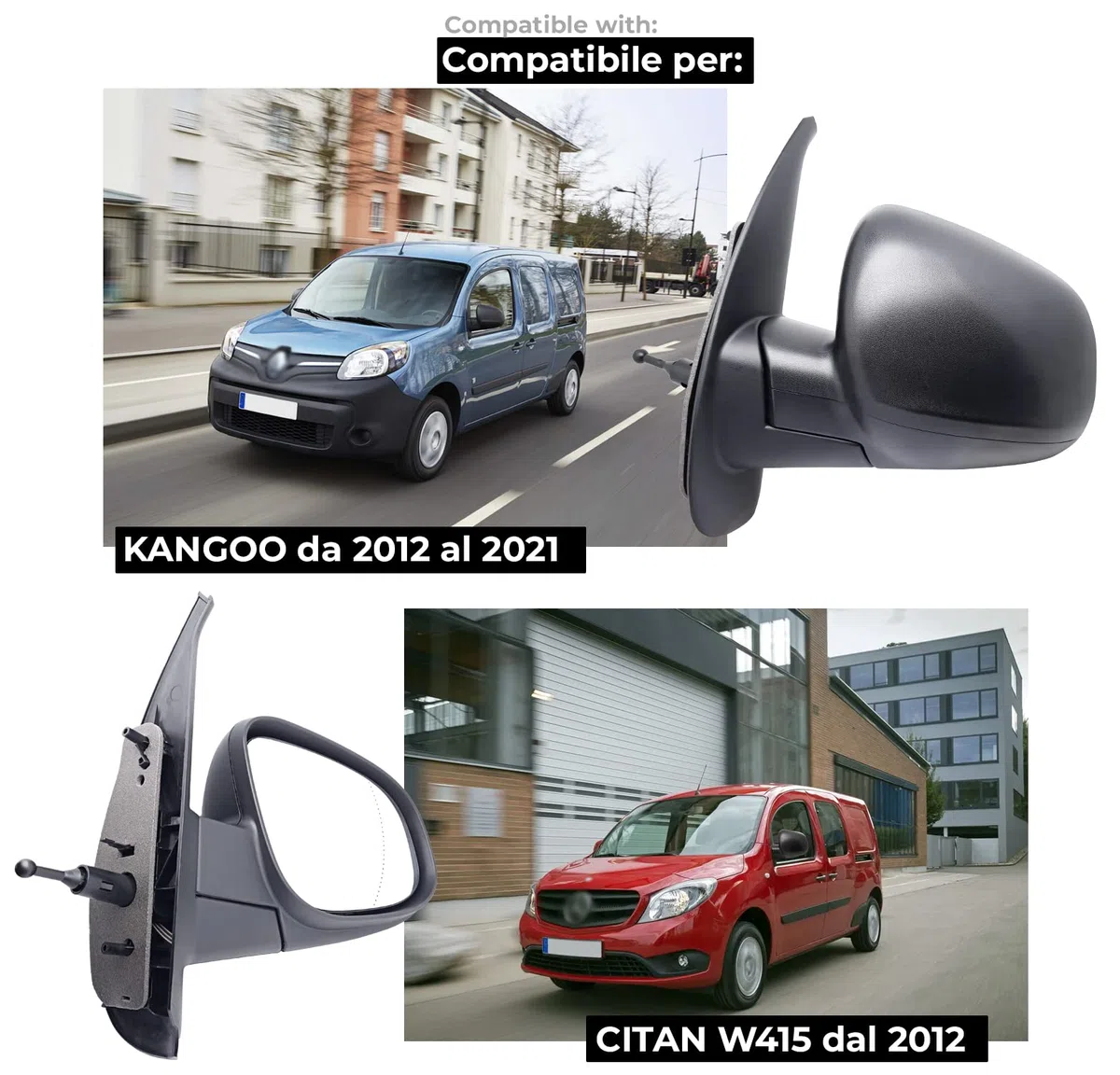 BSSTORE Espejo Retrovisor Exterior para KANGOO de 2012 a 2021 y CITAN W45 de 2012 Completo con Ajuste Mecánico (Izquierda - Lado del conductor)