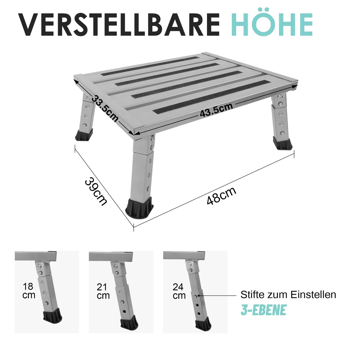 Escalera Plegable de Aluminio, Plataforma de Trabajo, Carga máxima: 220 kg, para Camping, Lavado de Coche, Cocina, baño, etc, Plegable, Altura Regulable, con Alfombrilla Antideslizante