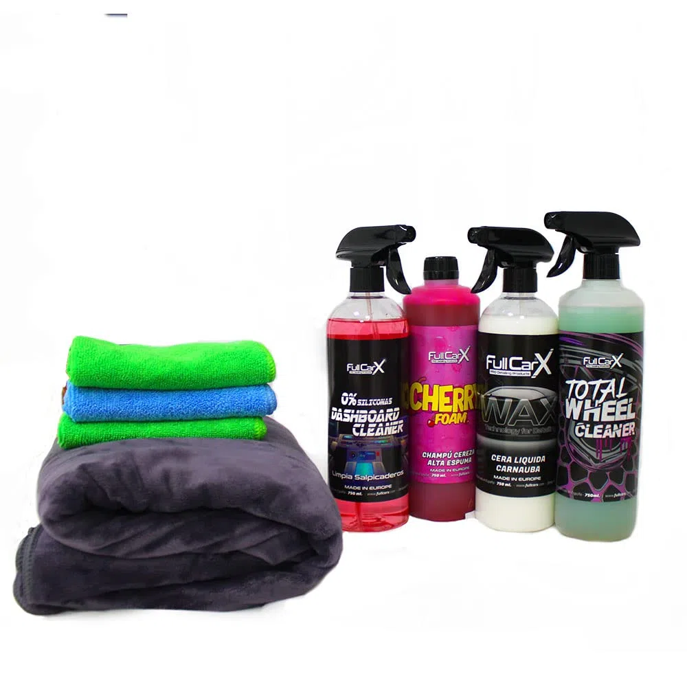 AutoFullCar – Kit Limpieza Premium Coche Moto FullCarX 750 ml – Total Wheel Limpia Salpicaderos Sin Siliconas Cera Carnauba Cherry Foam Bayetas Toalla XXL Detailing Exterior Interior