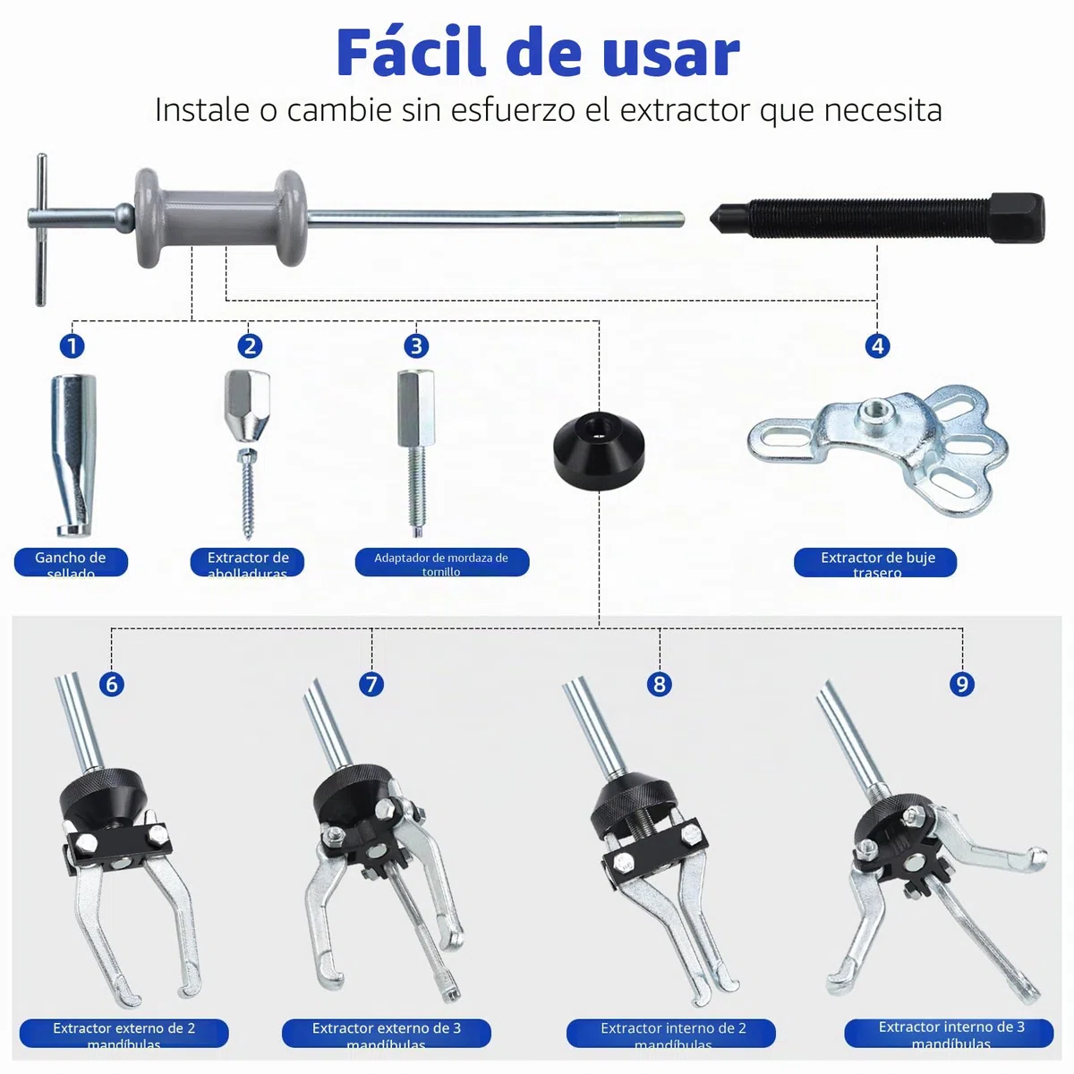 FreeTec 8 en 1 Extractor de Martillo Inercia, Extractor Bujes y Rodamientos con Martillo Deslizante, Extractores Buje Trasero, 3 Garras Extractores Rodamientos Internos, Extracción Abolladuras Coche